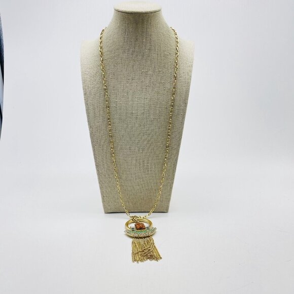 Statement Tassel Pendant Necklace Gold Tone Chain Geometric Boho Fashion Jewelry - Picture 10 of 10